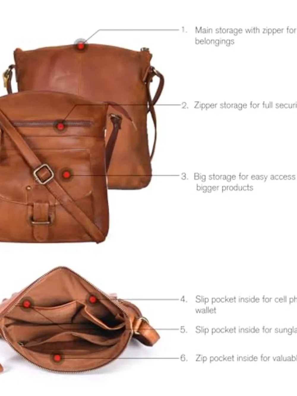 Real Leather Crossbody Bag With Adjustable Sling Strap Medium Crossover